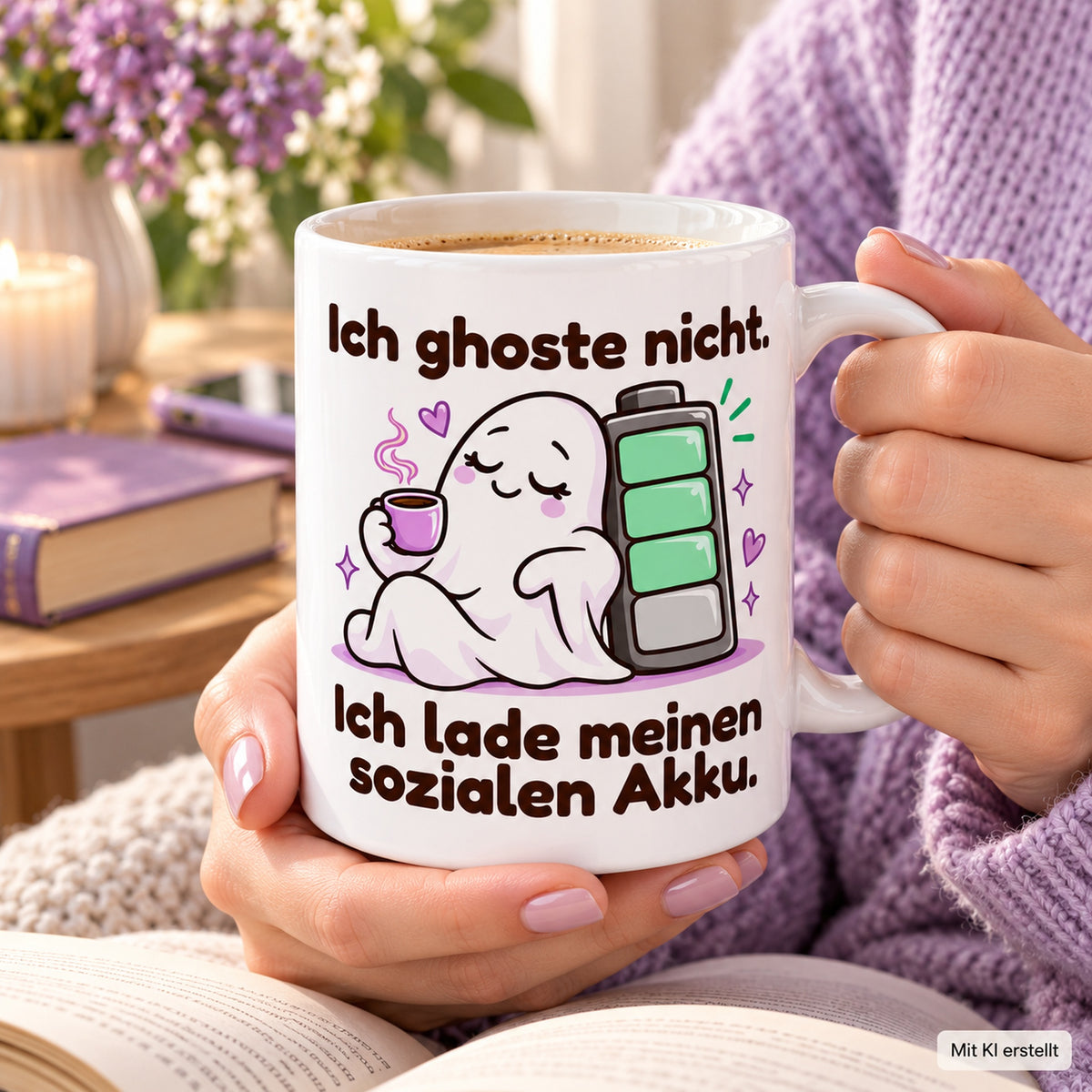 Erwachsene Hände halten die weiße 330-ml-Tasse „Sozialer Akku“ mit sichtbarem Spruch und Cartoonmotiv.
