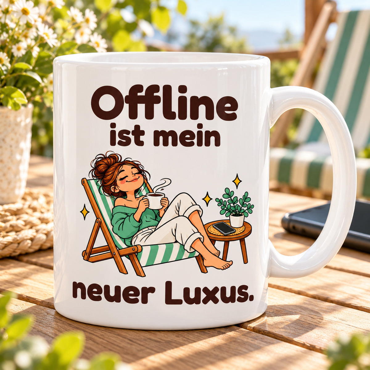 Weiße Keramiktasse mit dem Spruch „Offline ist mein neuer Luxus.“ und farbigem Cartoonmotiv auf einem Balkon mit Grünpflanzen.