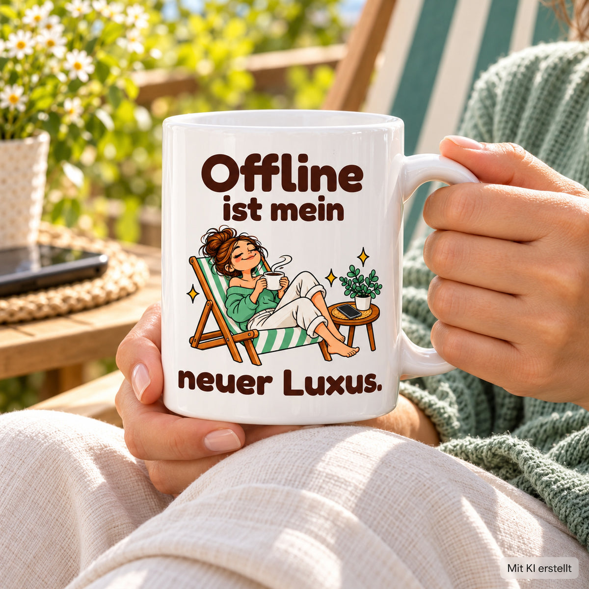Erwachsene Hände halten die weiße 330-ml-Tasse „Offline-Luxus“ mit sichtbarem Spruch und Cartoonmotiv.