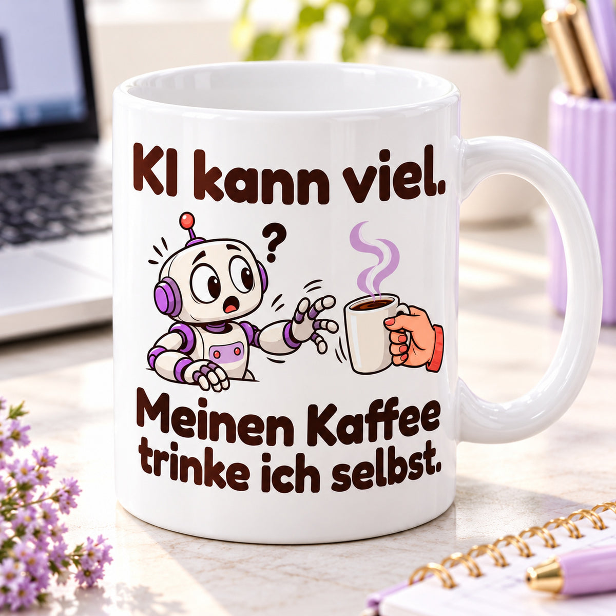 Schrägansicht der Keramiktasse „KI & Kaffee“ mit weißem Innenraum, Henkel und vollständigem Motiv.