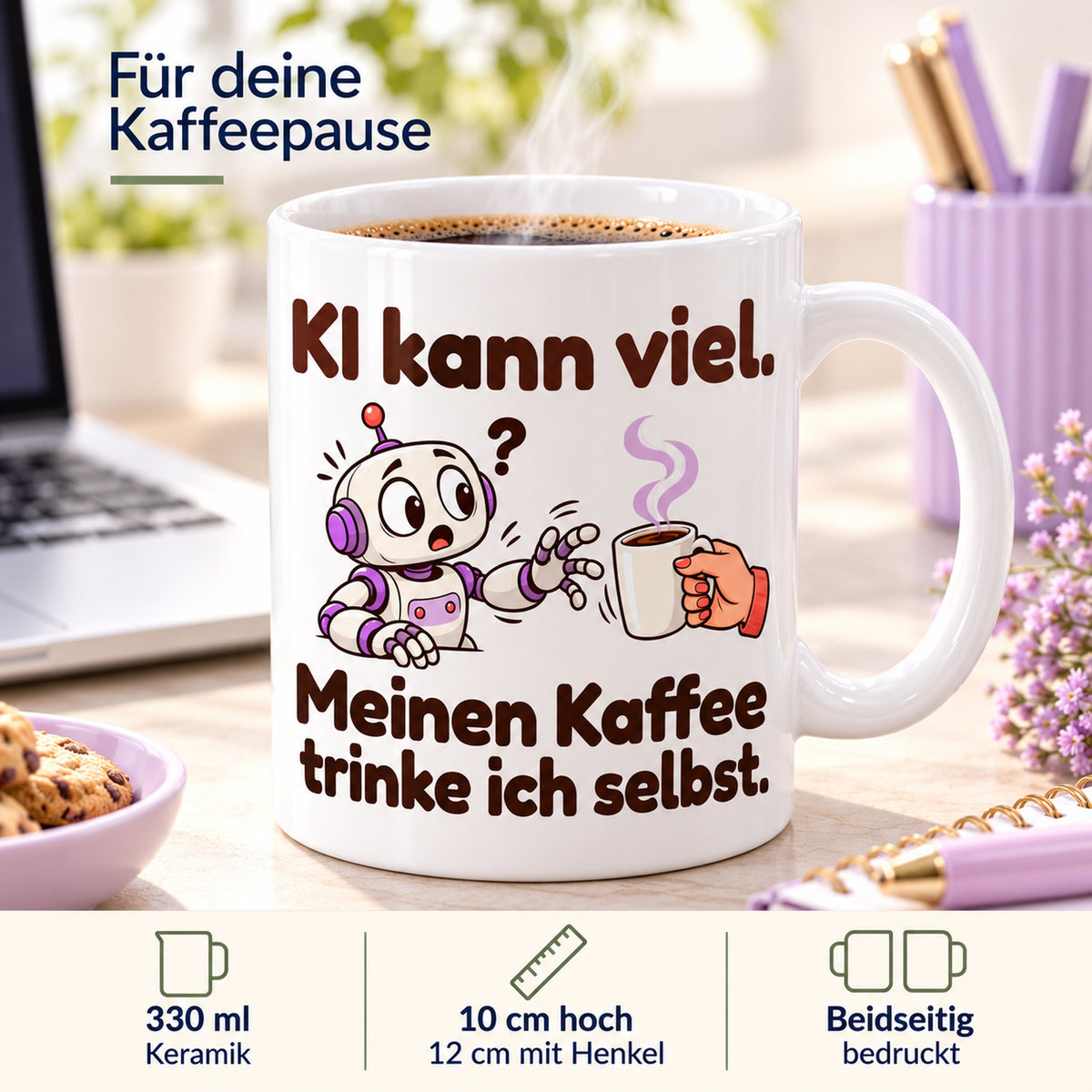 Produktdetails zur Tasse „KI & Kaffee“: 330 ml, 10 cm Höhe, 12 cm mit Henkel und beidseitiger Druck.