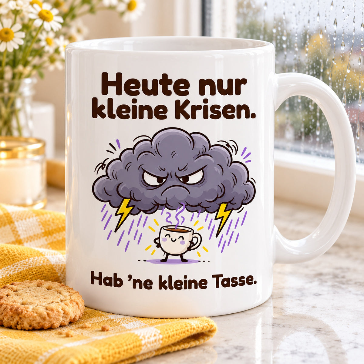Weiße Keramiktasse mit dem Spruch „Heute nur kleine Krisen. Hab ’ne kleine Tasse.“ und farbigem Cartoonmotiv am Küchenfenster mit gelbem Tuch und Keks.
