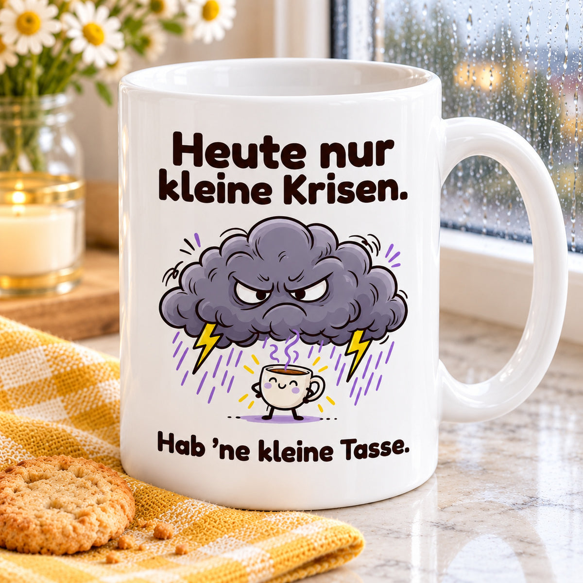 Schrägansicht der Keramiktasse „Kleine Krisen“ mit weißem Innenraum, Henkel und vollständigem Motiv.