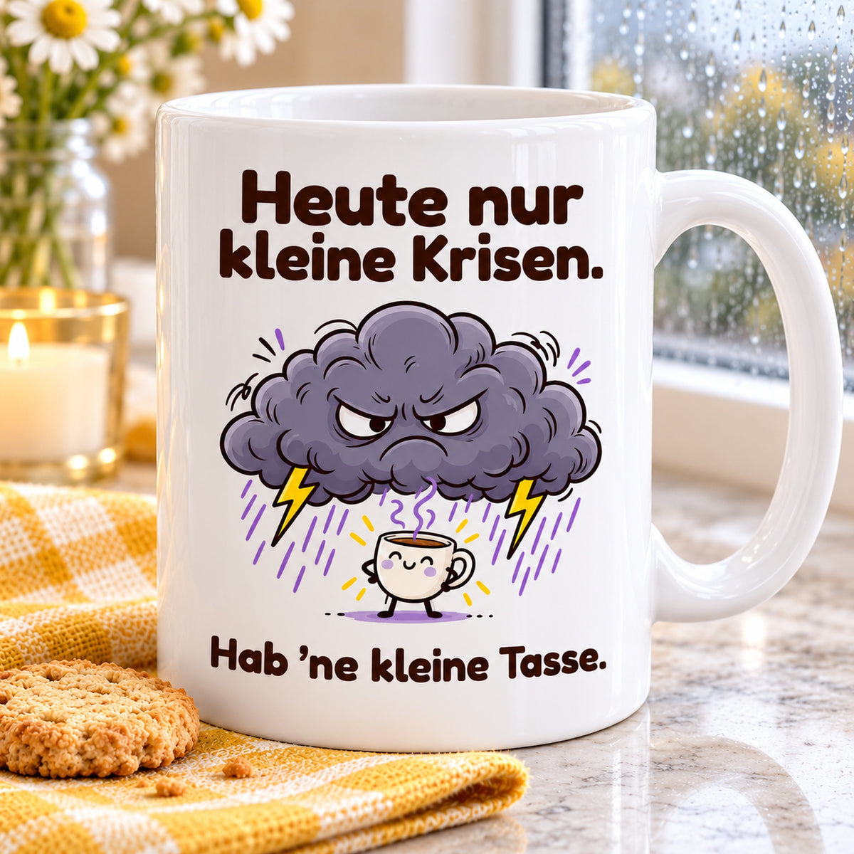Nahaufnahme des farbigen Cartoonmotivs und des Spruchs „Heute nur kleine Krisen. Hab ’ne kleine Tasse.“ auf weißer Keramik.