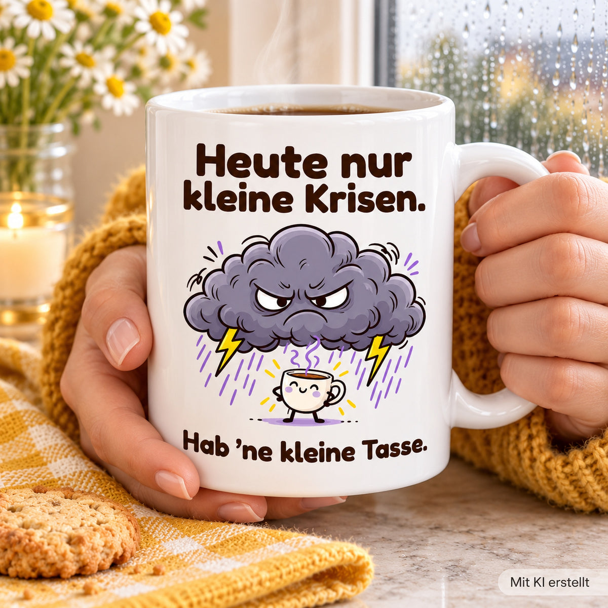 Erwachsene Hände halten die weiße 330-ml-Tasse „Kleine Krisen“ mit sichtbarem Spruch und Cartoonmotiv.