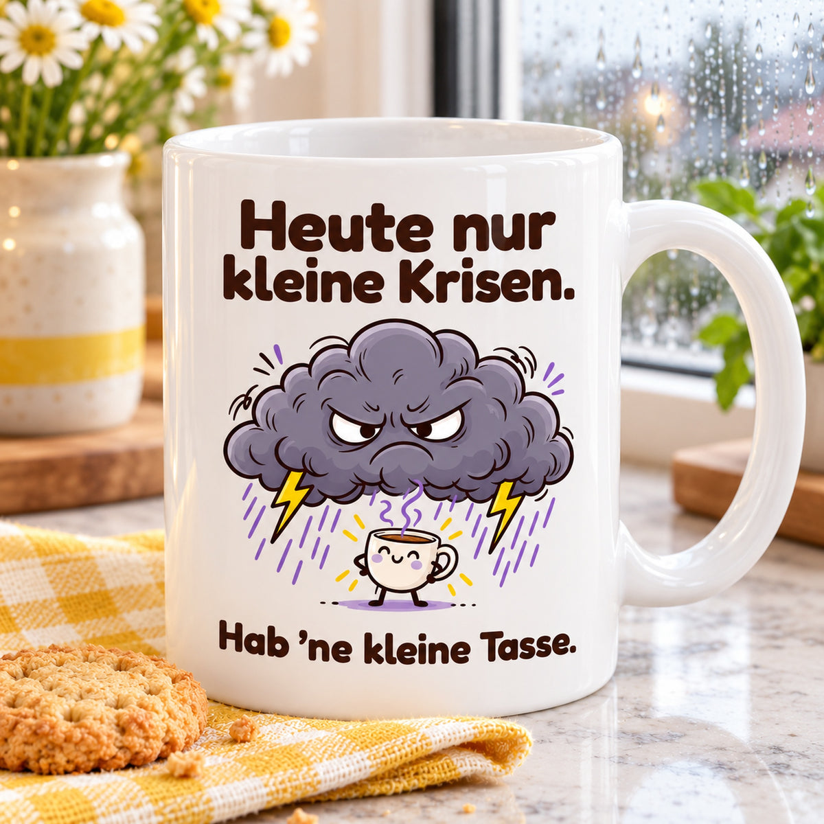 Tasse mit dem Spruch „Heute nur kleine Krisen. Hab ’ne kleine Tasse.“ bei einer Kaffeepause am Küchenfenster mit gelbem Tuch und Keks.