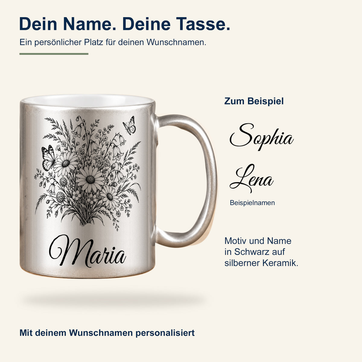 Silberne Tasse mit schwarzem Schmetterlings- und Wiesenblumenmotiv und verschiedenen Namensbeispielen zur Personalisierung.