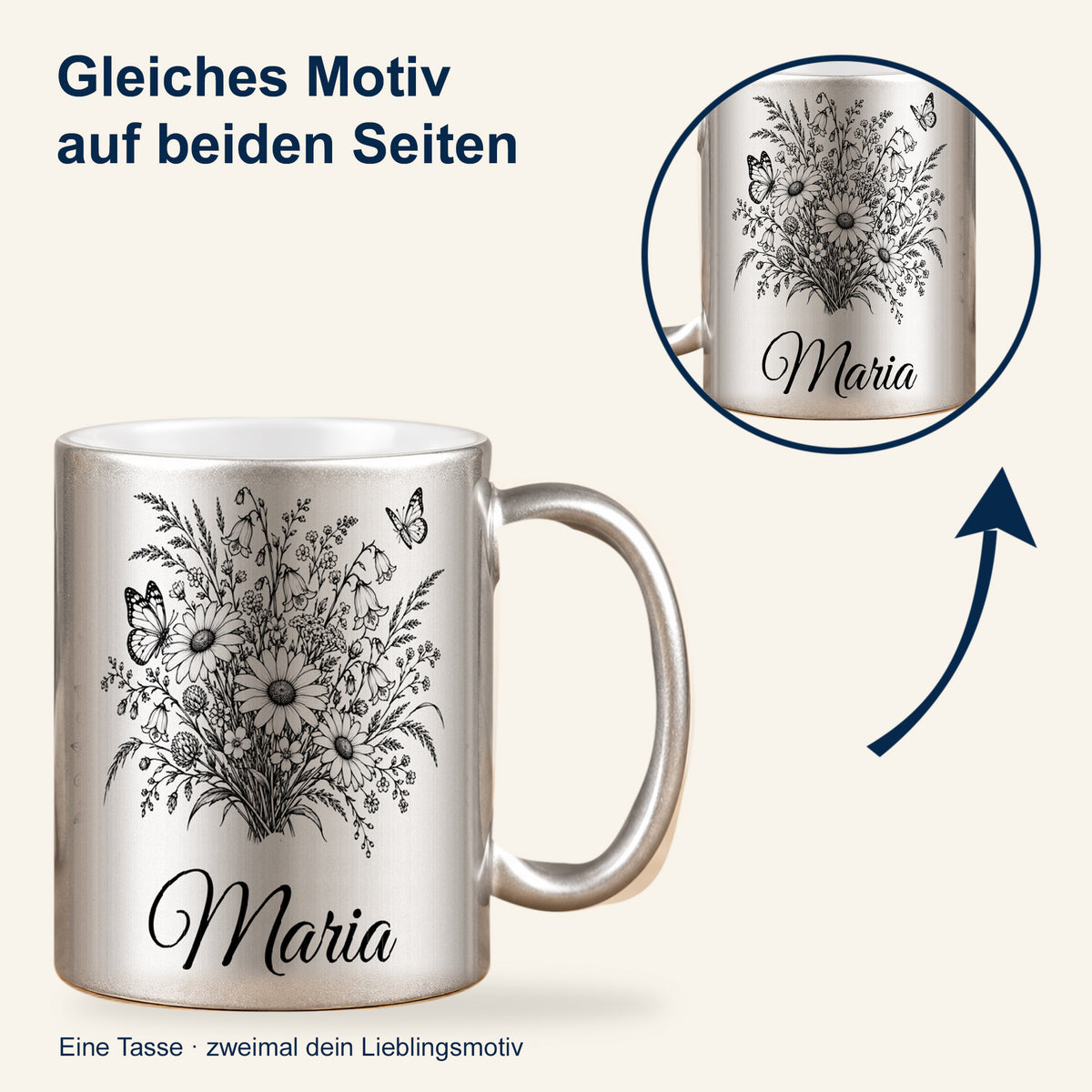 Silberne Tasse mit schwarzem Schmetterlings- und Wiesenblumenmotiv und Wunschnamen; ein Detailkreis zeigt denselben Aufdruck auf der Gegenseite.