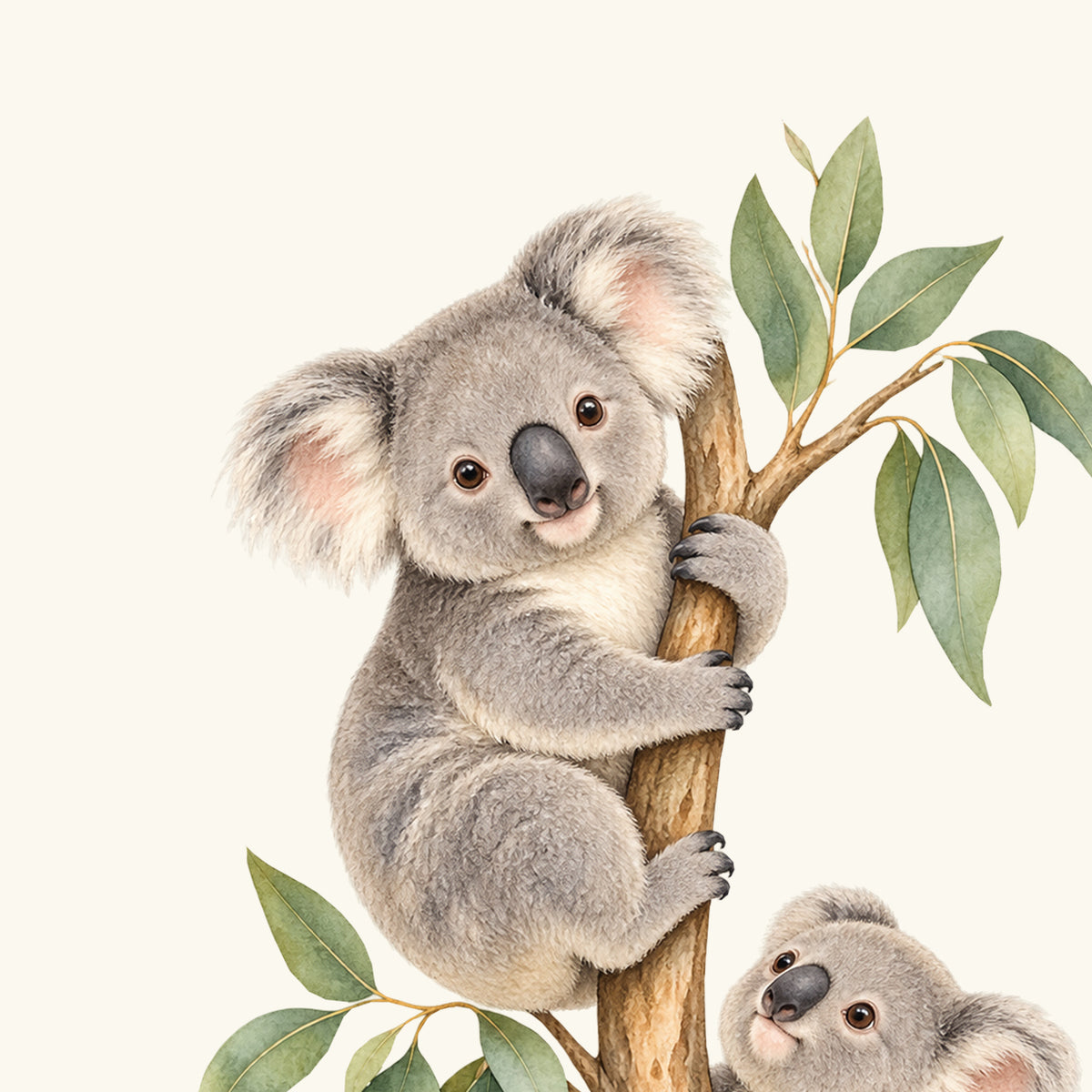 Motivdetail des Wandtattoos Kletterfreunde: Großer Koala mit flauschigen Ohren, Eukalyptusblättern und braunem Ast.