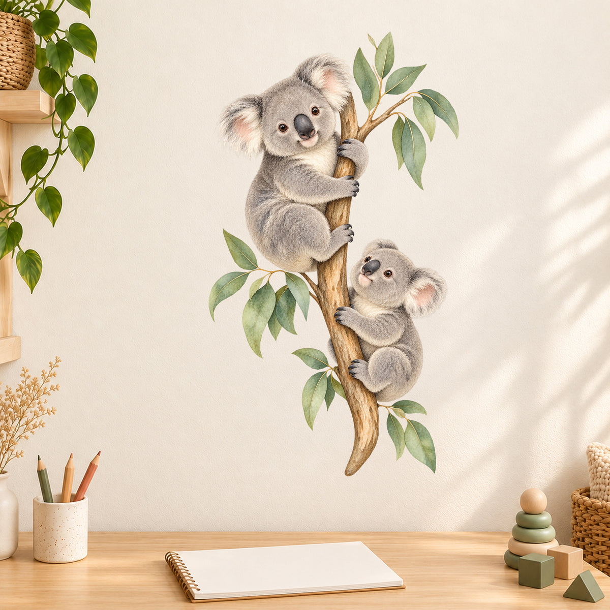 Koala-Wandtattoo Kletterfreunde an einer hellen Wand über einem Holztisch mit Zeichenblock, Stiften und Stapelspielzeug.