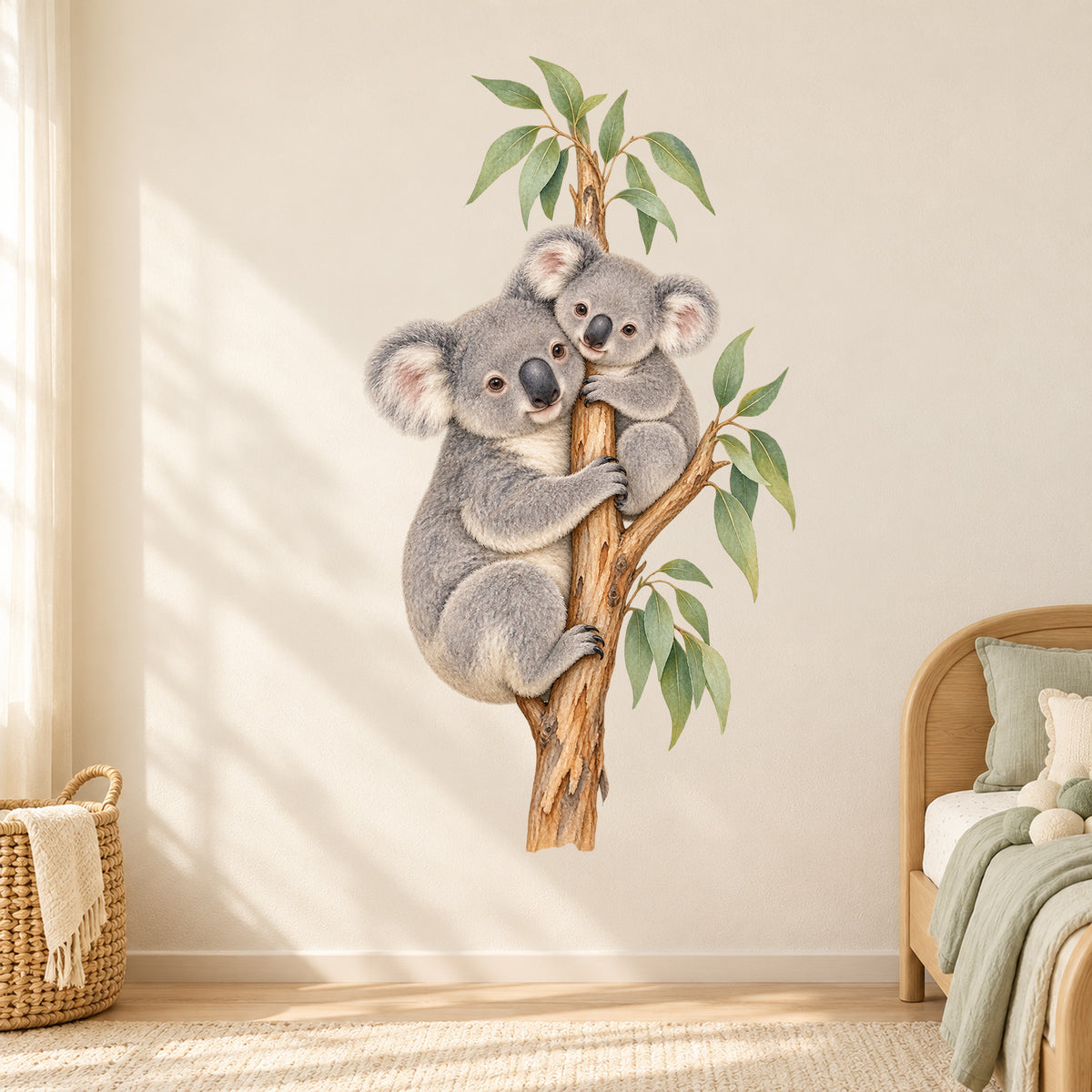 Koala-Wandtattoo Kuschelpause an einer hellen Kinderzimmerwand neben einem Bett mit Holzrahmen.