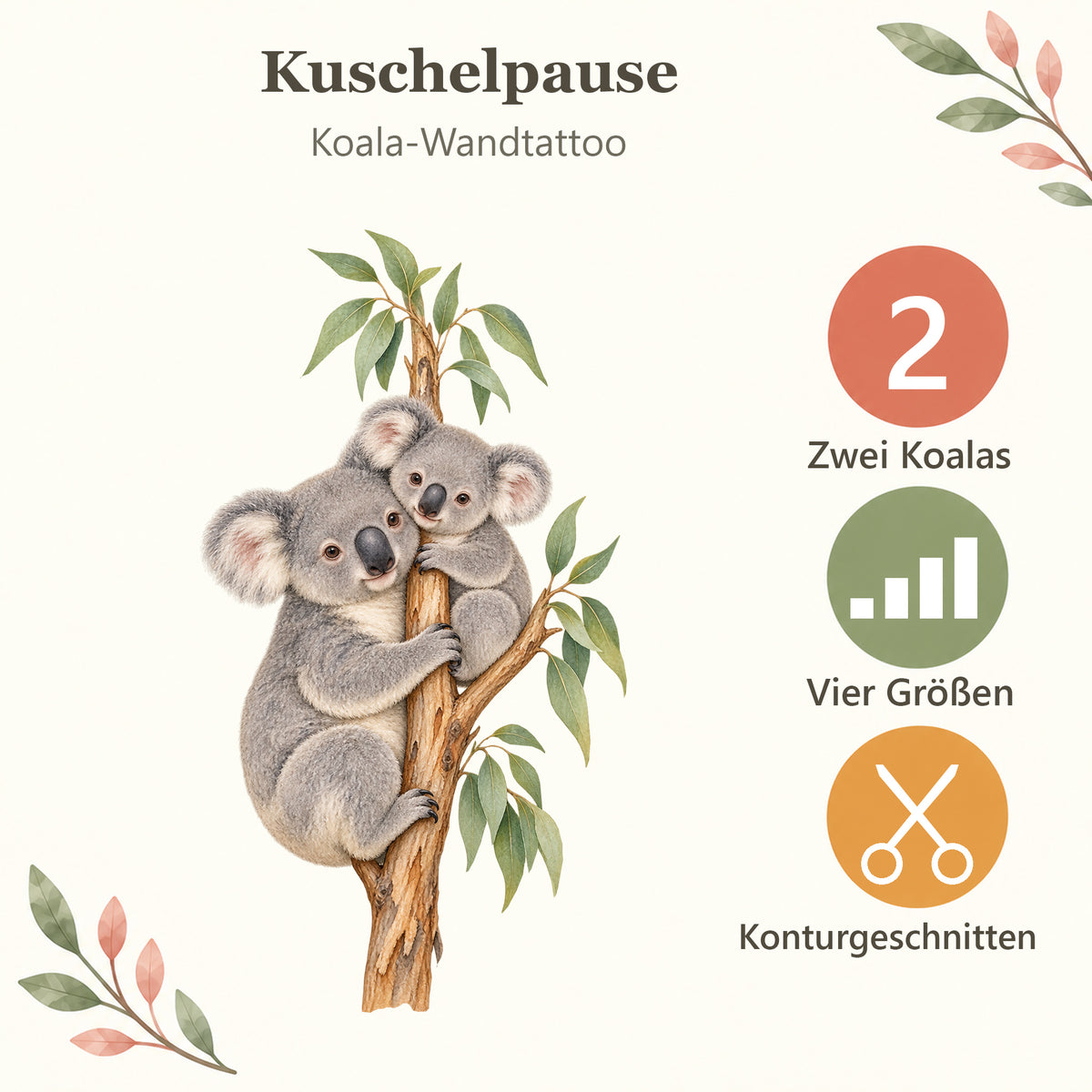 Koala-Wandtattoo Kuschelpause mit den Eigenschaften: zwei Koalas, vier Größen, konturgeschnitten.