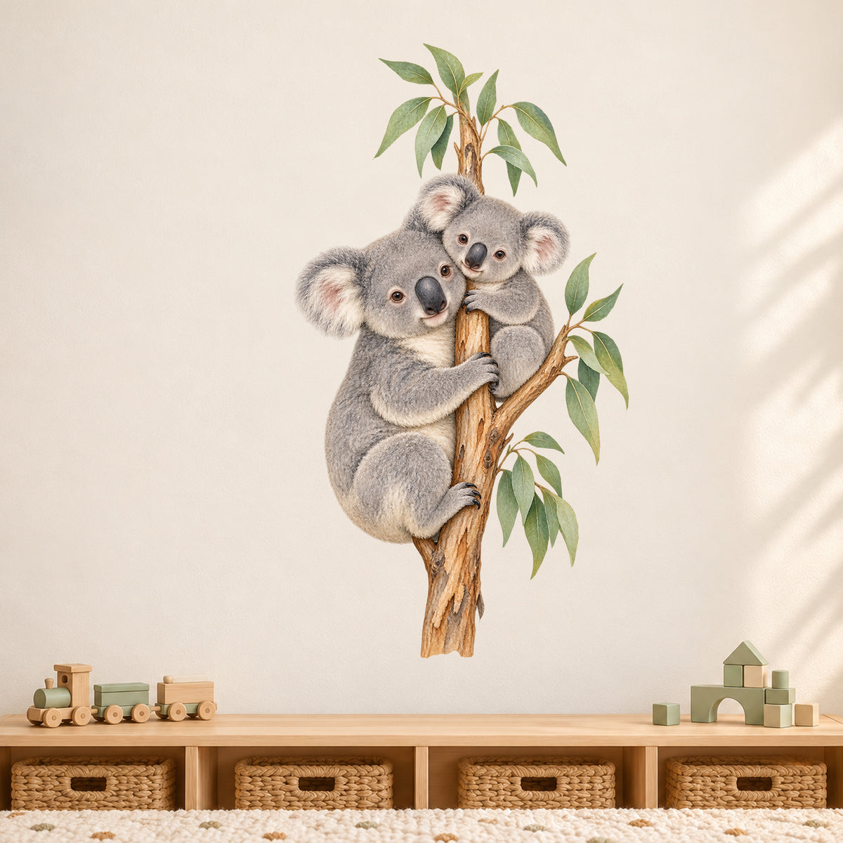 Koala-Wandtattoo Kuschelpause an einer hellen Wand über einem niedrigen Holzregal mit Körben, Spielzeugeisenbahn und Bausteinen.
