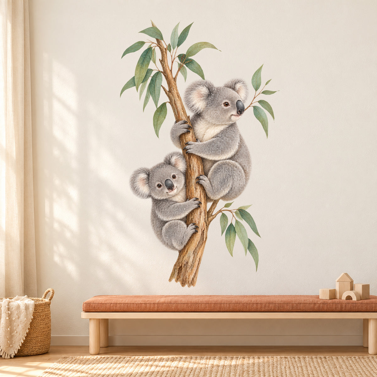 Koala-Wandtattoo Kleine Entdecker an einer hellen Kinderzimmerwand über einer Holzbank mit terrakottafarbenem Sitzpolster.