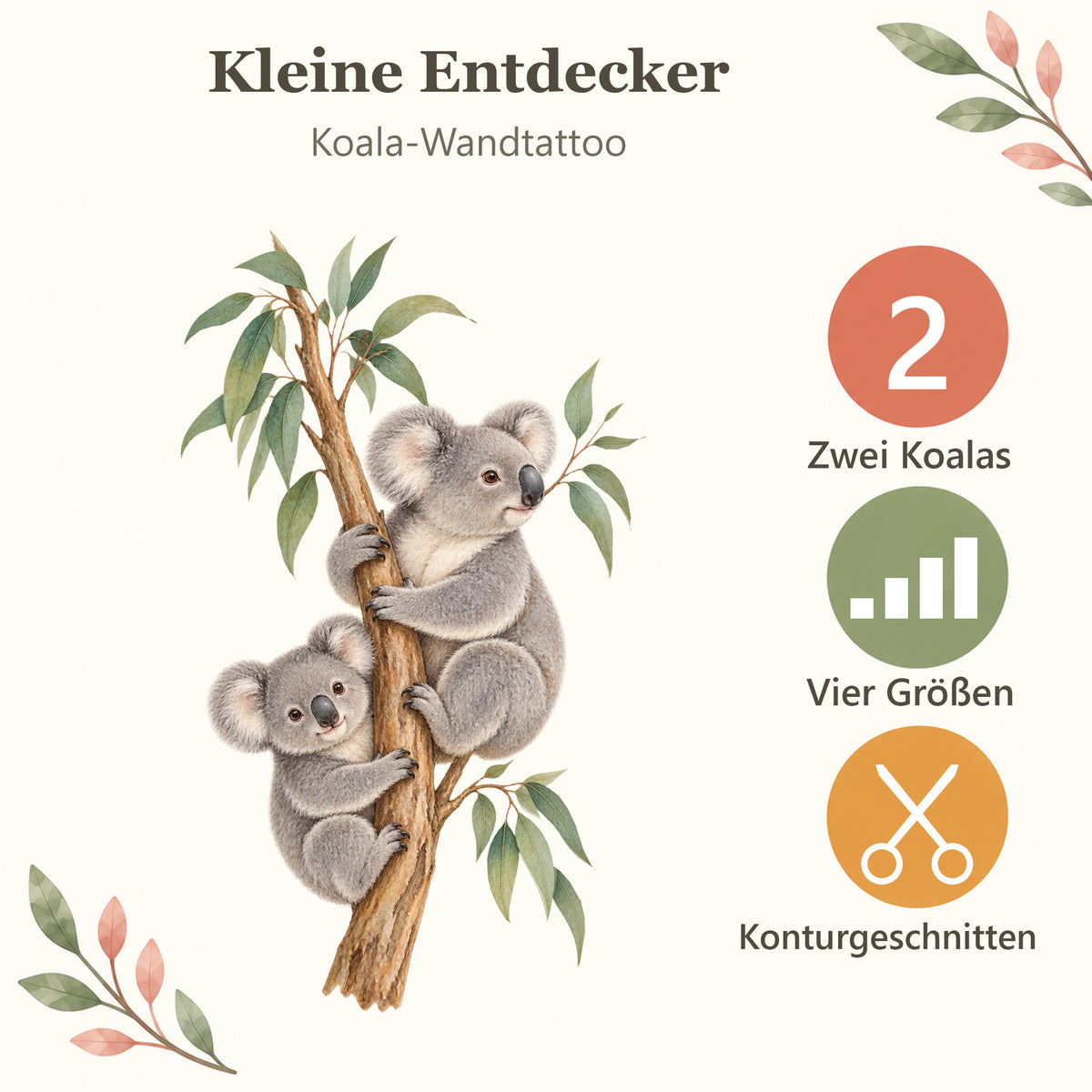 Koala-Wandtattoo Kleine Entdecker mit den Eigenschaften: zwei Koalas, vier Größen, konturgeschnitten.