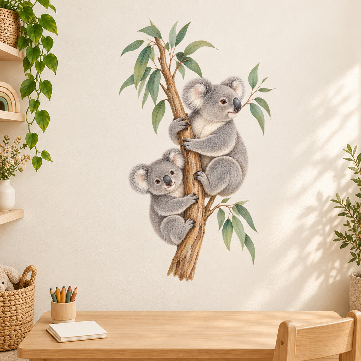 Koala-Wandtattoo Kleine Entdecker an einer hellen Wand über einem kleinen Holztisch mit Stiften, Stofftier und Pflanzen am Bildrand.