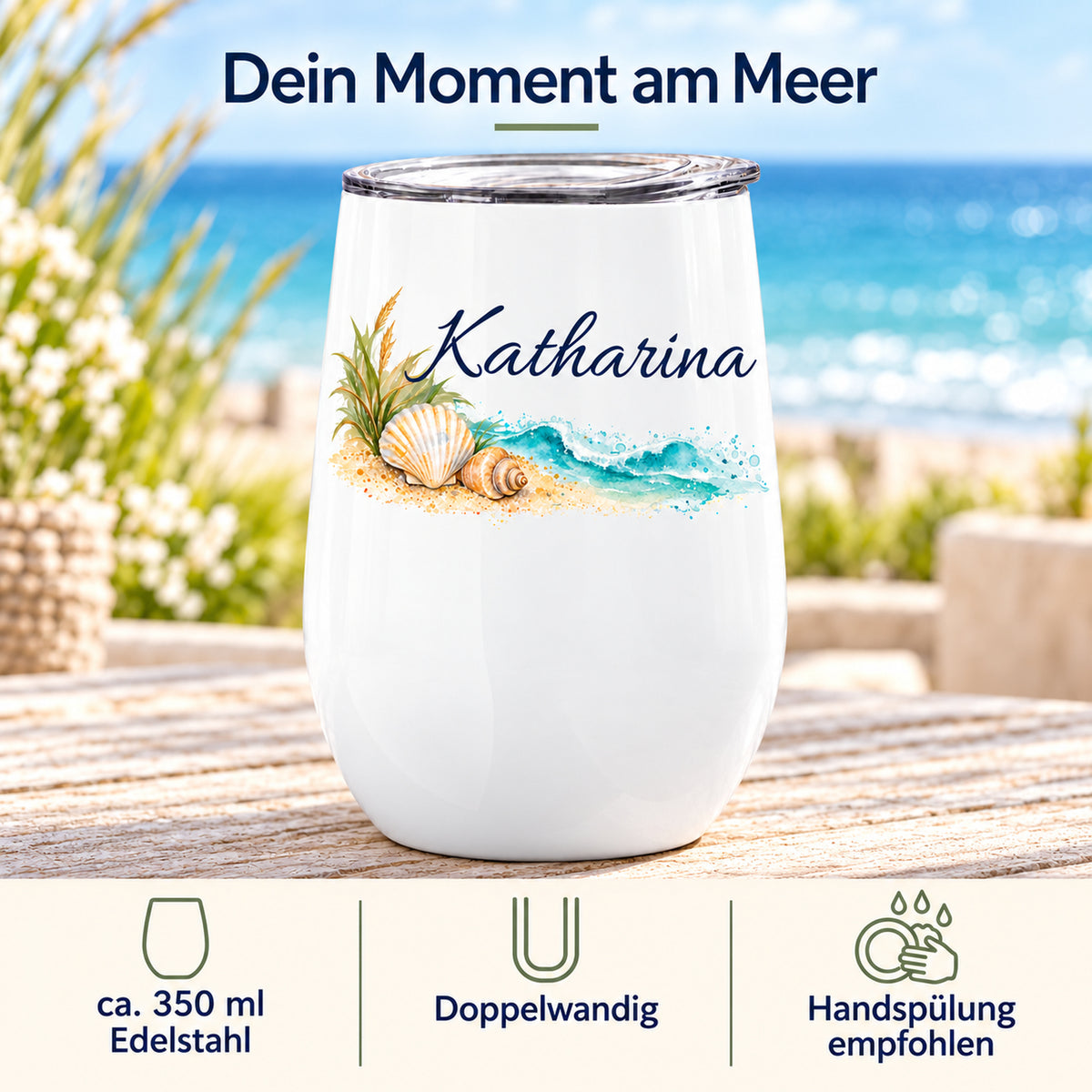 Weinbecher mit Muscheln und Wellen: ca. 350 ml, doppelwandiger Edelstahl und Pflegehinweis