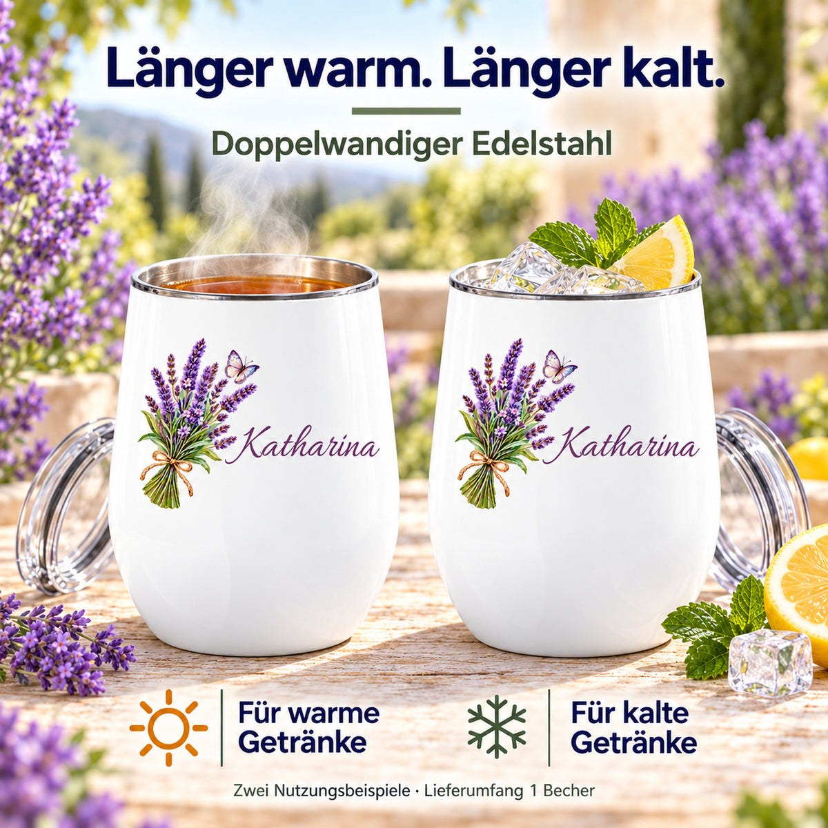Weinbecher mit Lavendel in zwei Beispielen mit warmem und kaltem Getränk; Lieferumfang ein Becher
