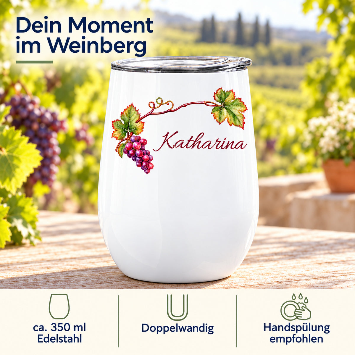 Weinbecher mit Weinlaub und Trauben: ca. 350 ml, doppelwandiger Edelstahl und Pflegehinweis
