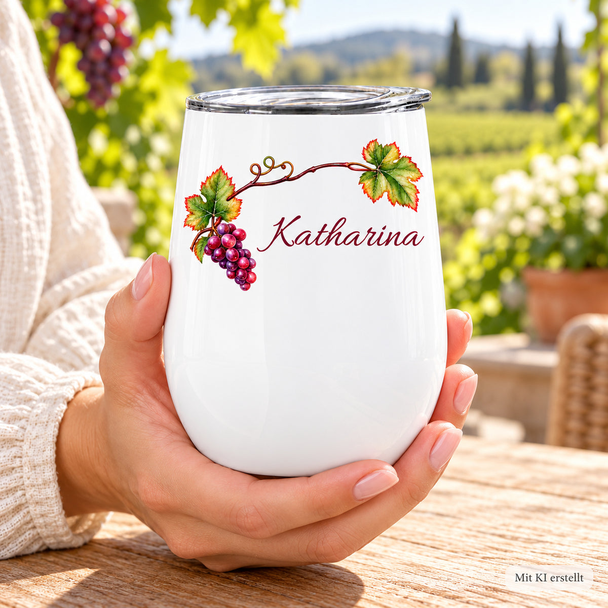 Weinbecher mit Weinlaub und Trauben und Wunschname in einer Hand; Hinweis „Mit KI erstellt“