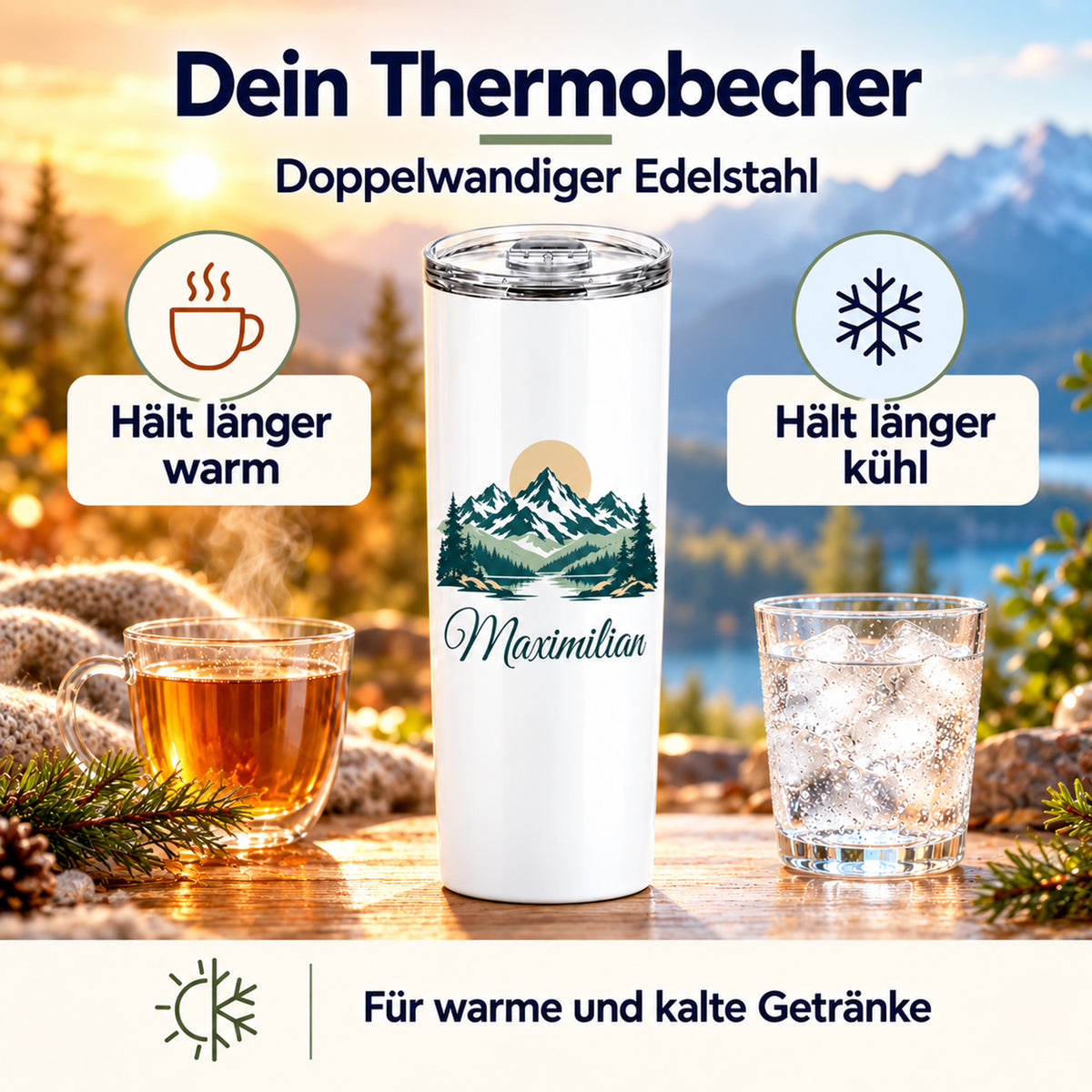 Thermobecher mit Berggipfeln und Sonne und Wunschname zwischen heißem Tee und Eiswasser, mit Warm- und Kalt-Symbolen.