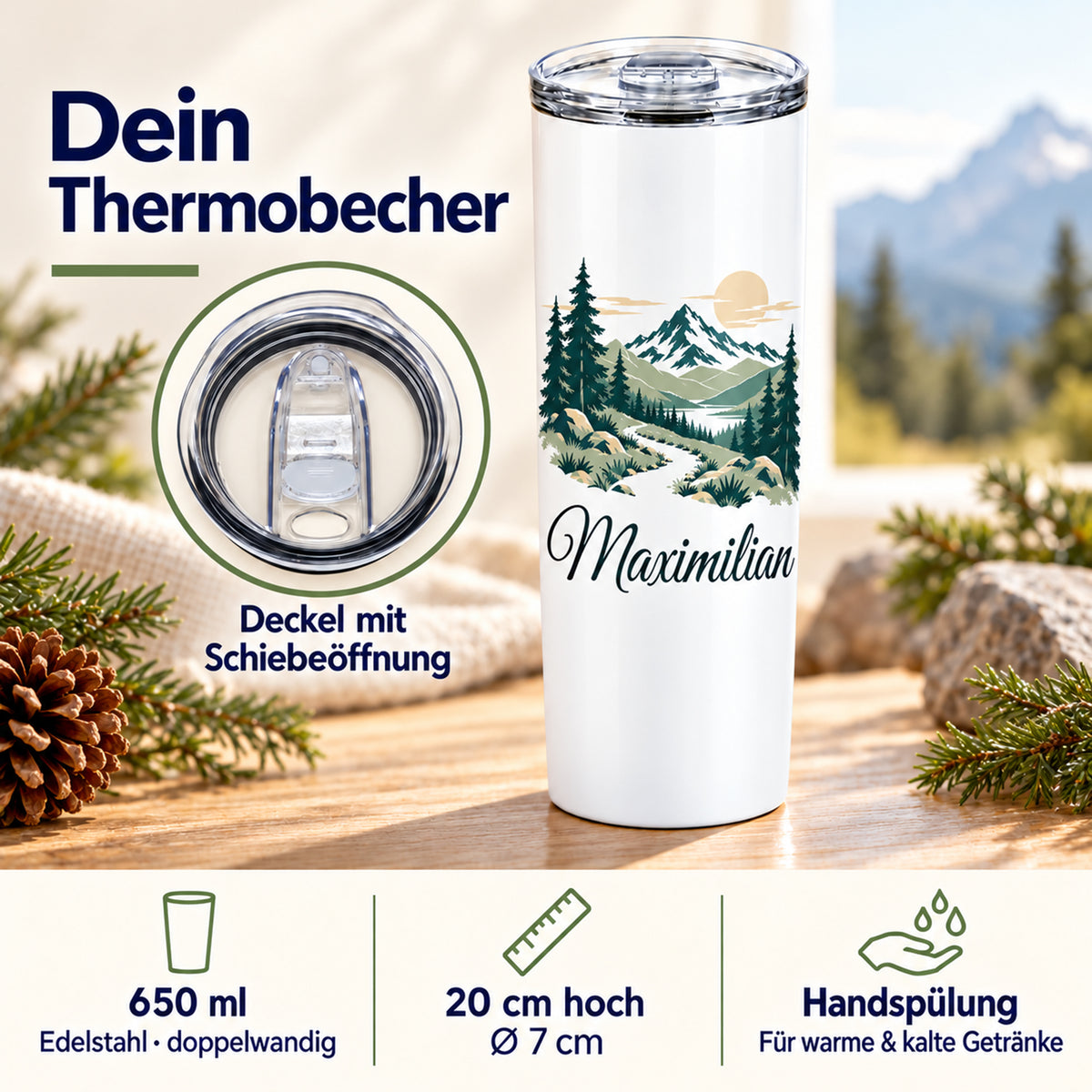 Thermobecher mit Waldpfad und Bergen: Deckeldetail, 650 ml, 20 cm Höhe, Ø 7 cm und Handspülung.