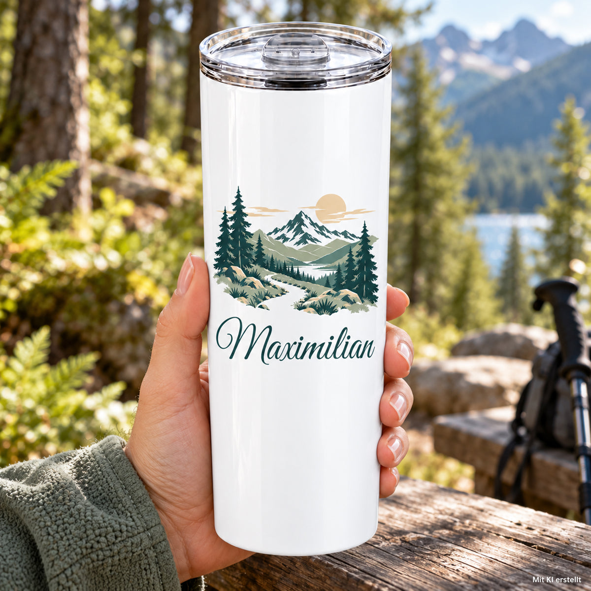 Thermobecher mit Waldpfad und Bergen und Wunschname in einer Hand vor Bergkulisse.
