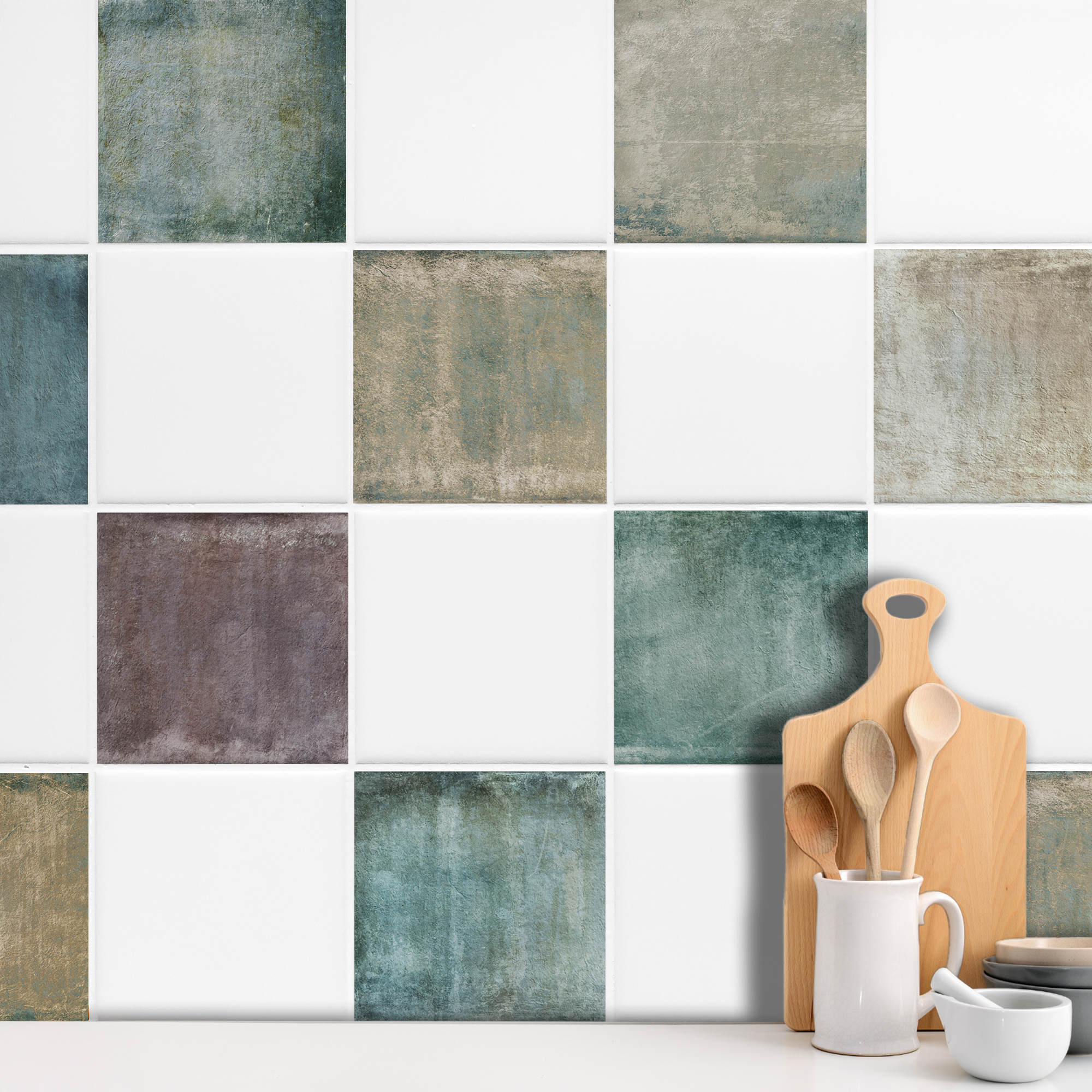 Fliesenaufkleber in Blau- und Grautönen