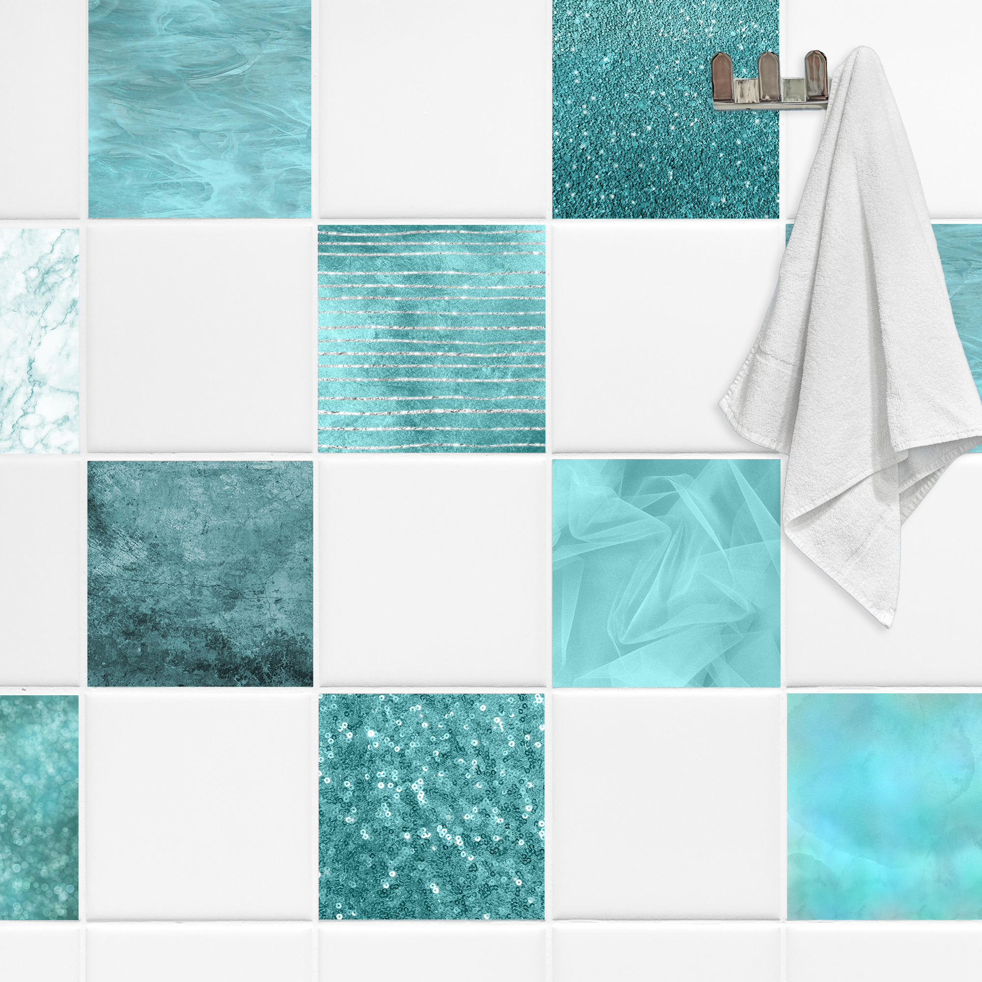 Fliesenaufkleber in Türkis mit Streifen