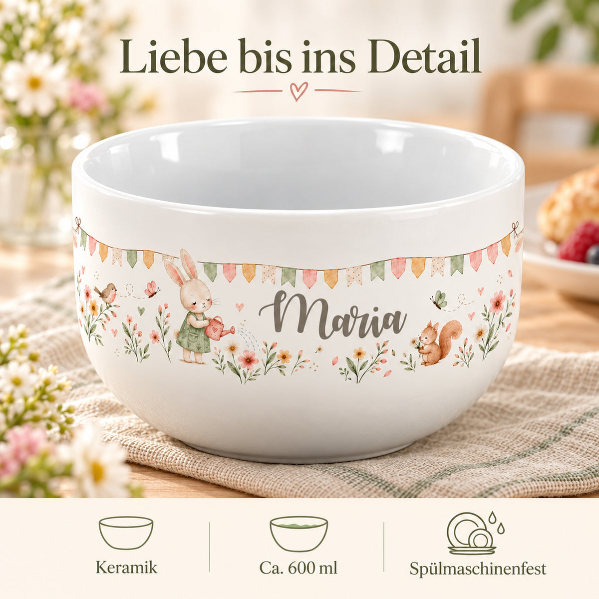 Häschen-Müslischale mit Angaben zu Keramik, ca. 600 ml und Spülmaschinenfestigkeit.