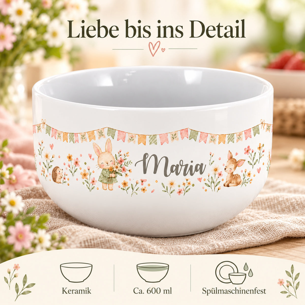 Häschen-Müslischale mit Angaben zu Keramik, ca. 600 ml und Spülmaschinenfestigkeit.