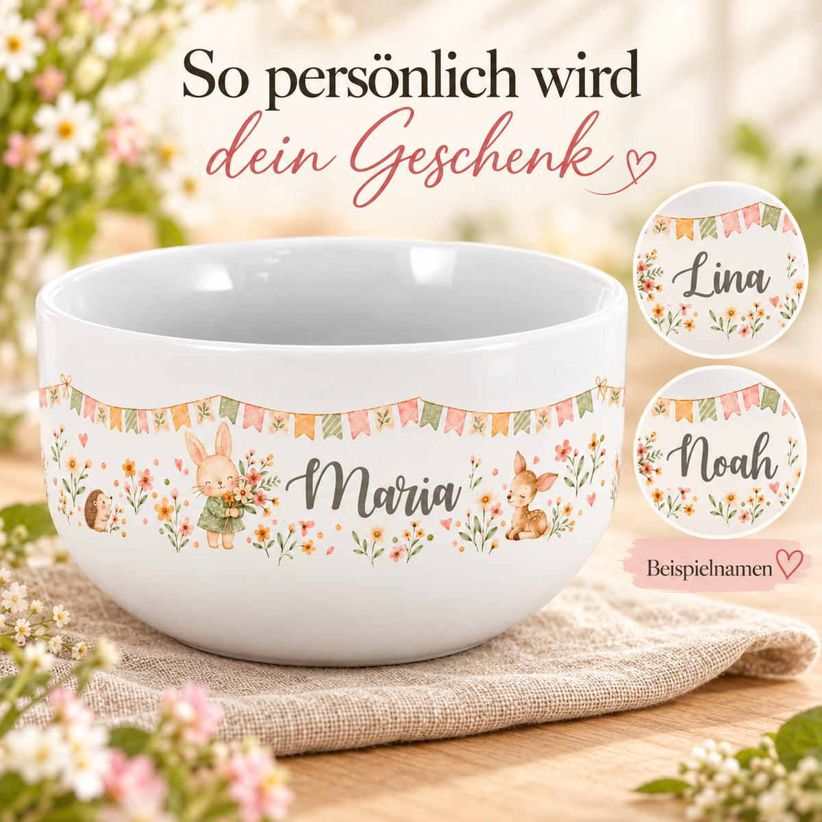 Häschen-Müslischale mit Namensaufdruck und zwei vergrößerten Beispielen für die Personalisierung.