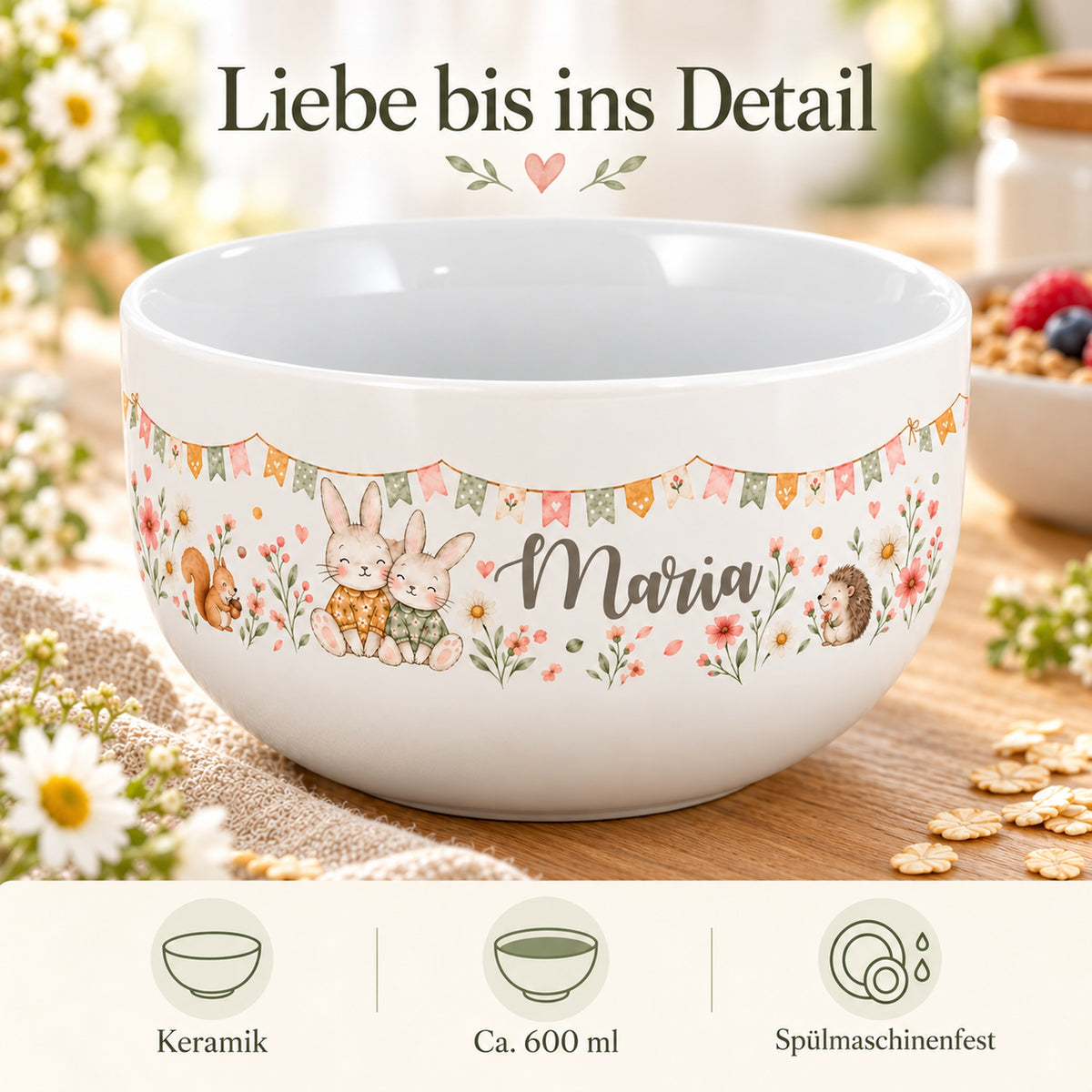 Häschen-Müslischale mit Angaben zu Keramik, ca. 600 ml und Spülmaschinenfestigkeit.