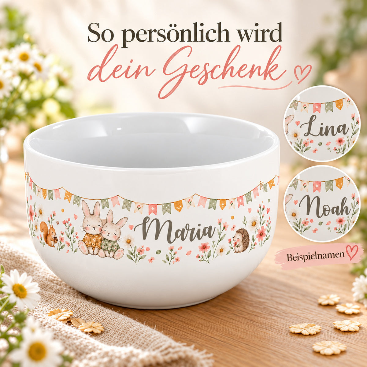 Häschen-Müslischale mit Namensaufdruck und zwei vergrößerten Beispielen für die Personalisierung.
