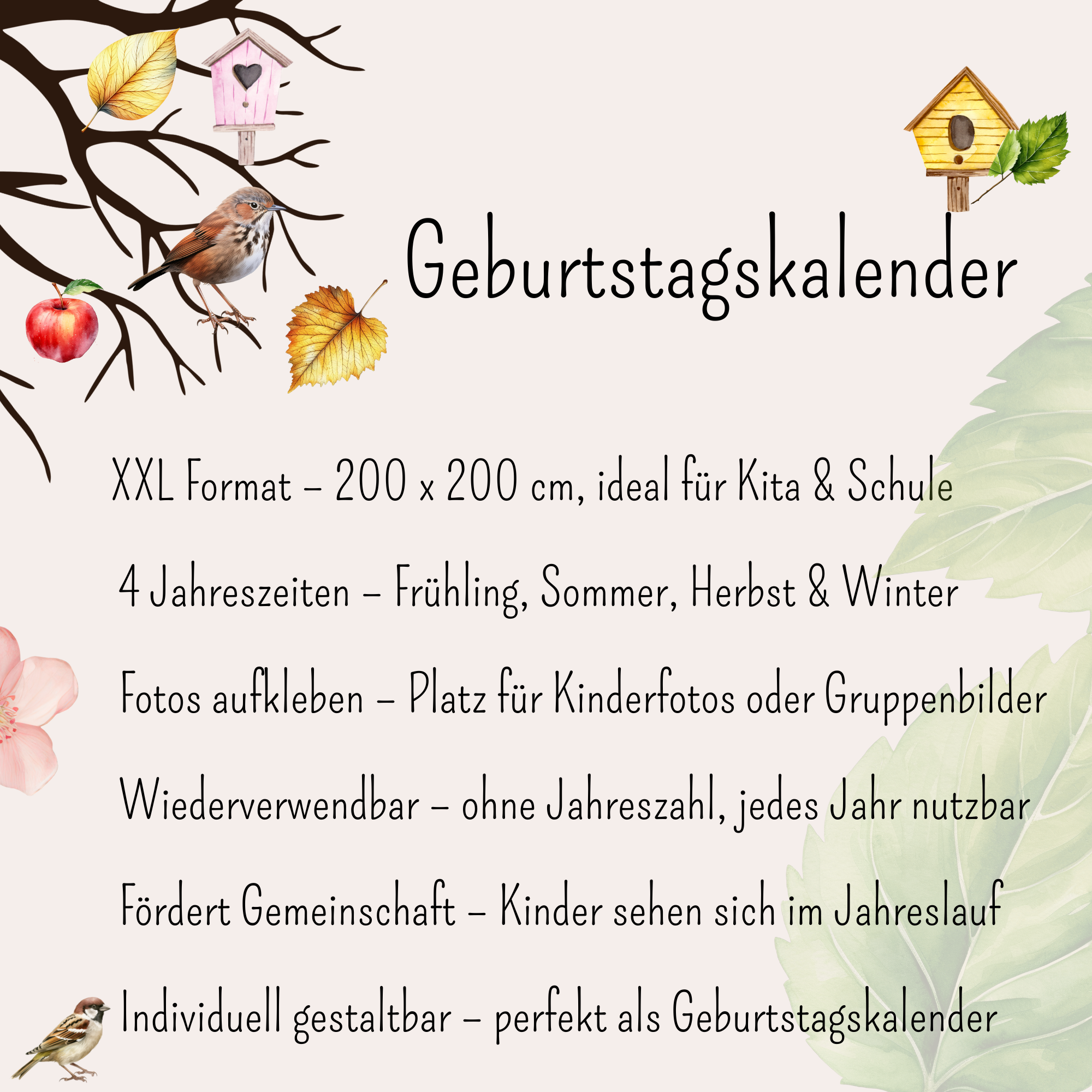 Vier Jahreszeiten Baum Geburtstagskalender mit Bilderrahmen für Kinderfotos und farbigen Jahreszeiten