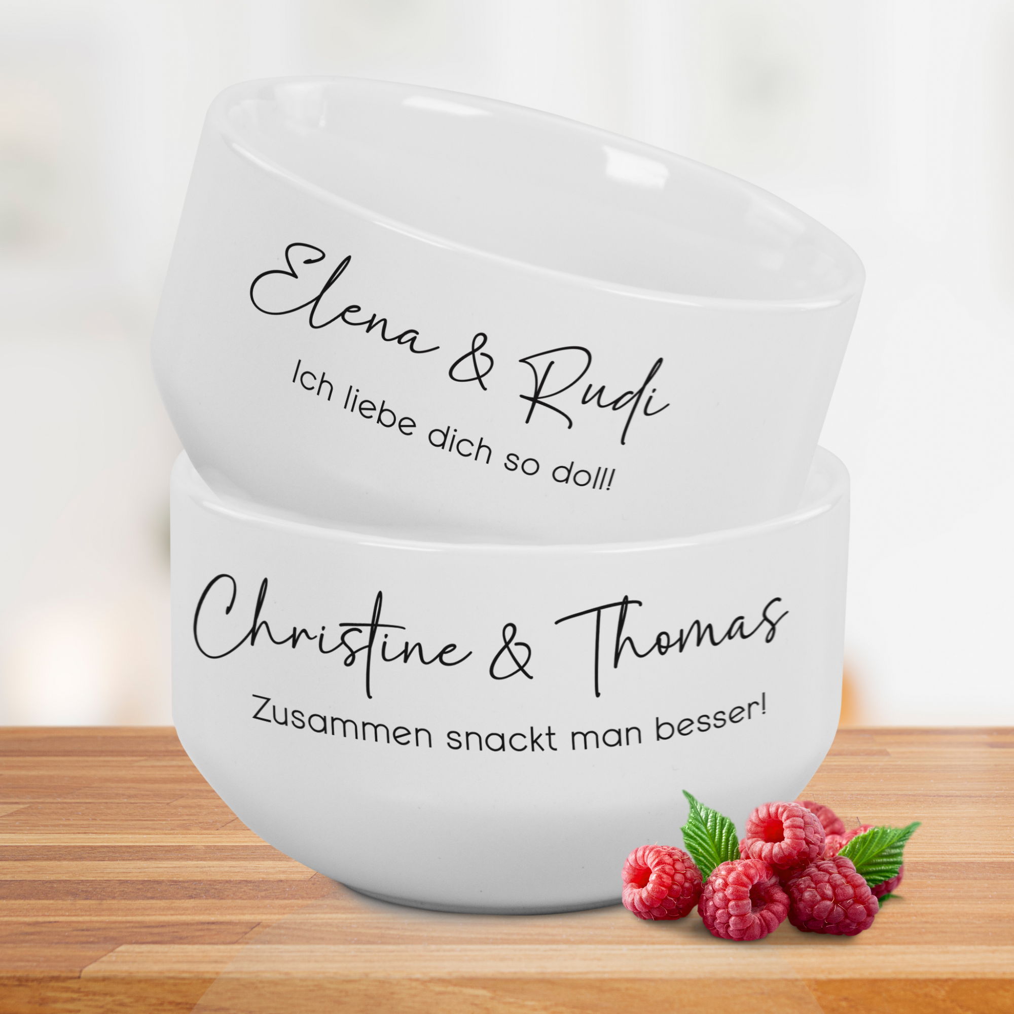 Müslischale mit Wunschtext in zwei Zeilen