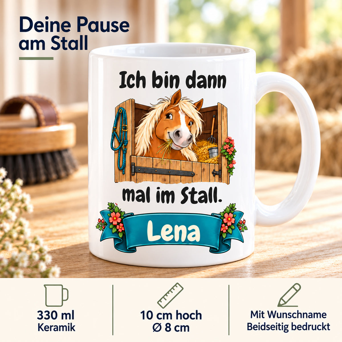 Weiße Pferdetasse mit Namen, Haflinger an der Stalltür und Spruch „Ich bin dann mal im Stall.“, mit Angaben zu 330 ml, Keramik und Maßen.