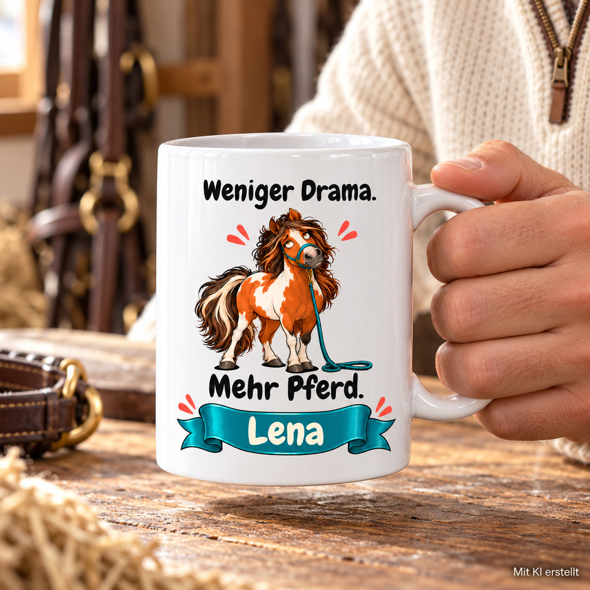 Weiße Pferdetasse mit Namen, Schecken mit petrolfarbenem Strick und Spruch „Weniger Drama. Mehr Pferd.“, in den Händen einer erwachsenen Person.