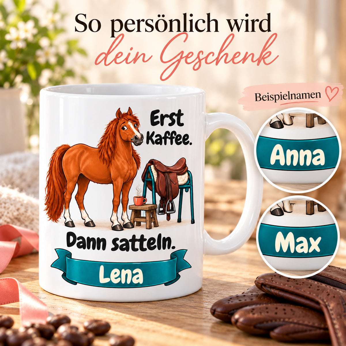 Weiße Pferdetasse mit Namen, Fuchs neben Sattel und Kaffeetasse und Spruch „Erst Kaffee. Dann satteln.“, mit vergrößerten Namensbeispielen.