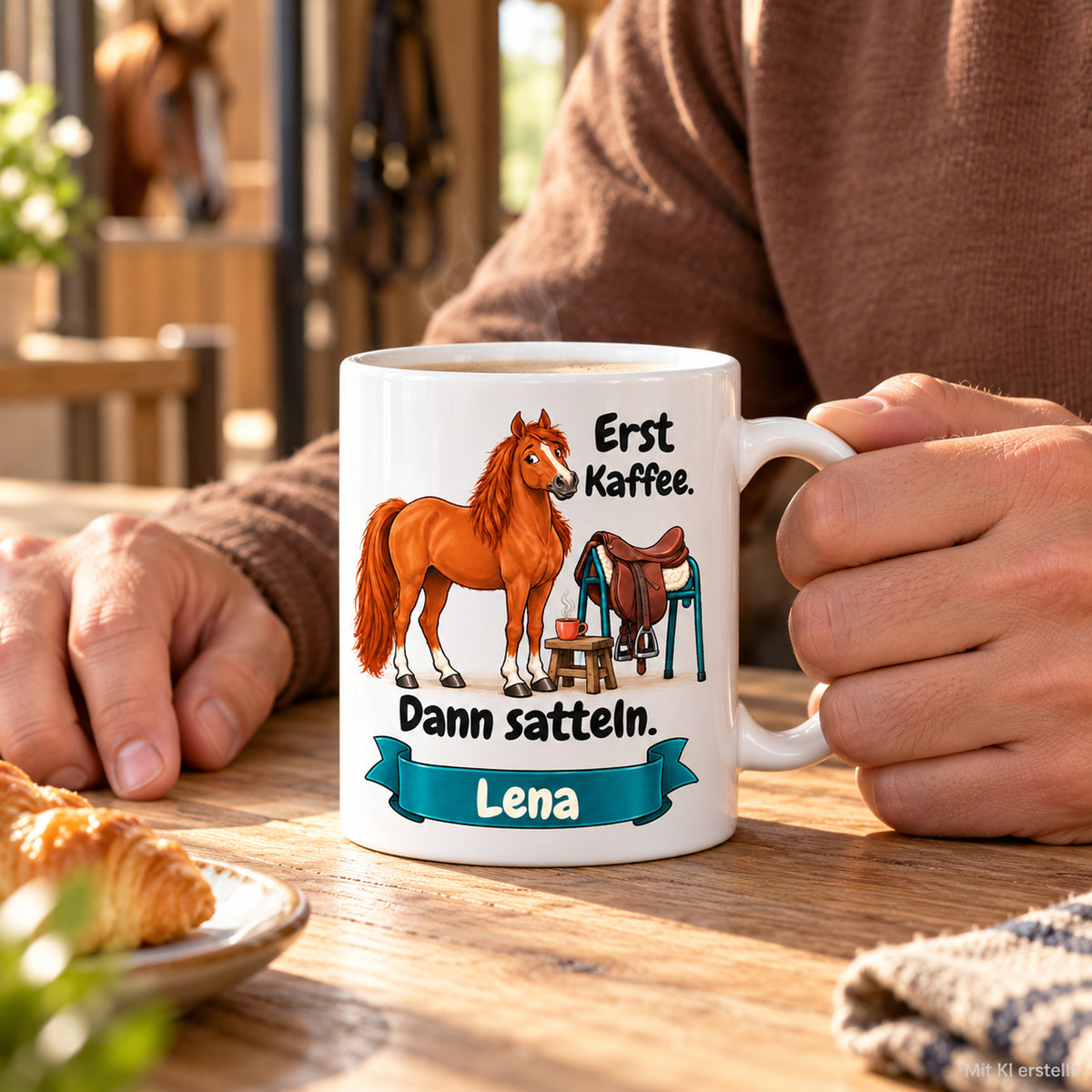 Weiße Pferdetasse mit Namen, Fuchs neben Sattel und Kaffeetasse und Spruch „Erst Kaffee. Dann satteln.“, in den Händen einer erwachsenen Person.