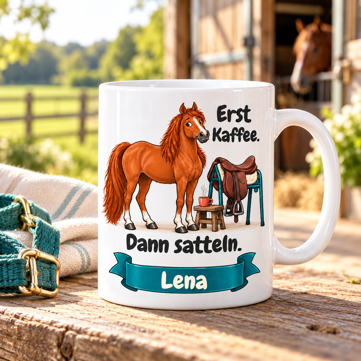 Weiße Pferdetasse mit Namen, Fuchs neben Sattel und Kaffeetasse und Spruch „Erst Kaffee. Dann satteln.“, in einer gemütlichen Reitstall-Umgebung.
