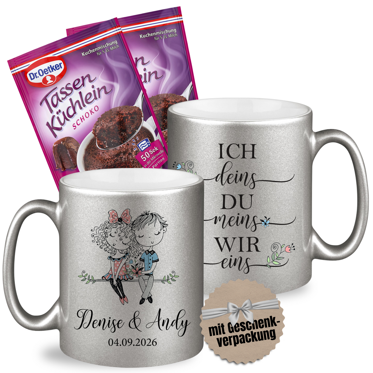 Personalisierte Tassen Silberhochzeit mit Namen Geschenkset „Ich deins du meins“