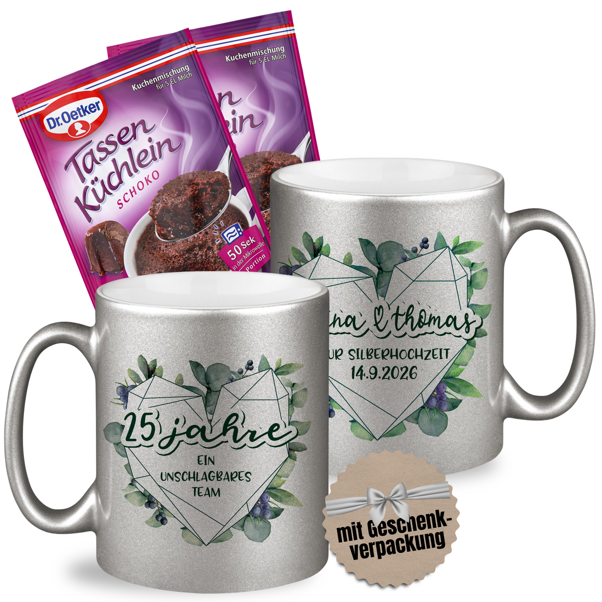 Personalisierte Tassen Silberhochzeit Geschenkset mit Namen & Mug Cake