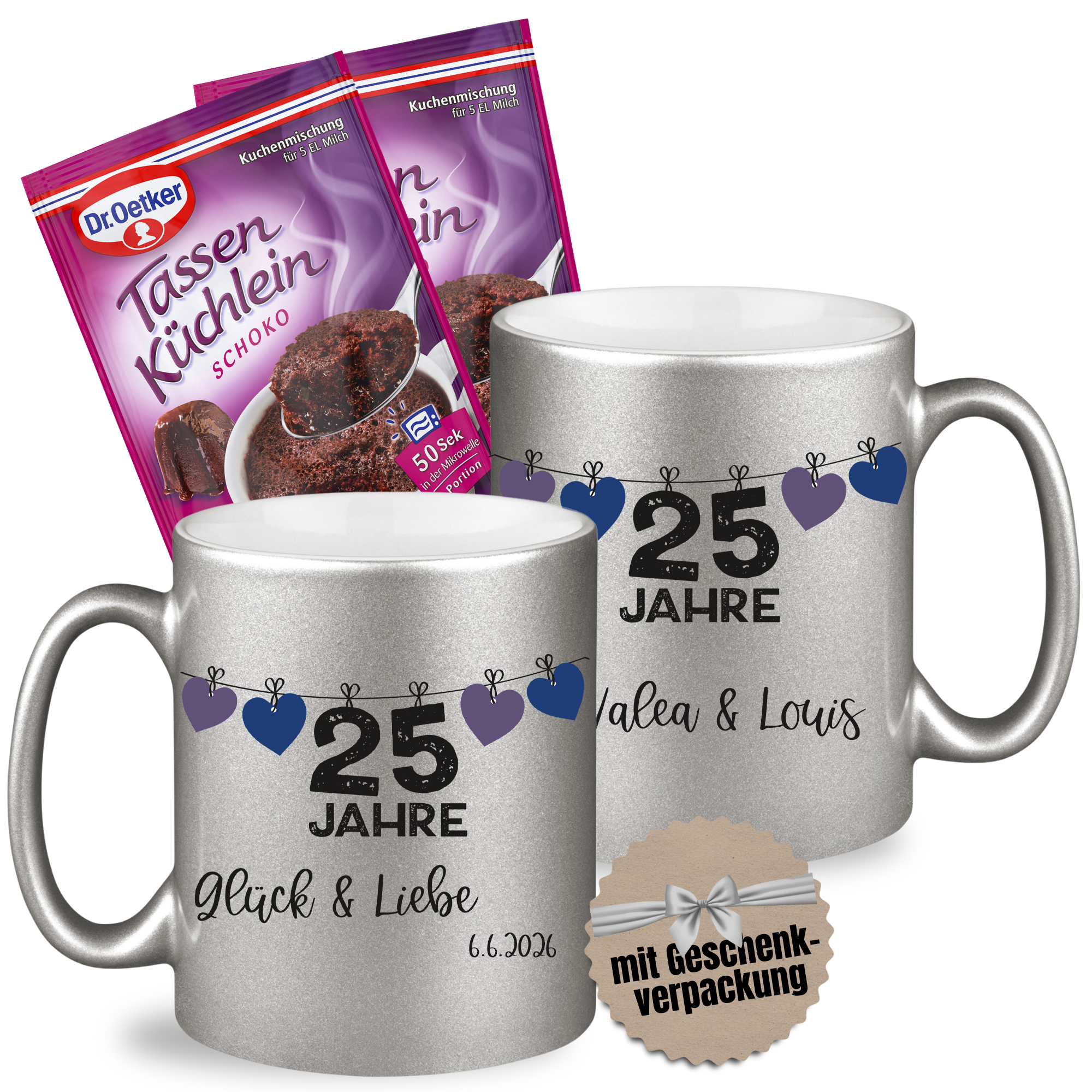 Silberne Tassen mit 25 Jahre, Glück & Liebe, Geschenkverpackung.