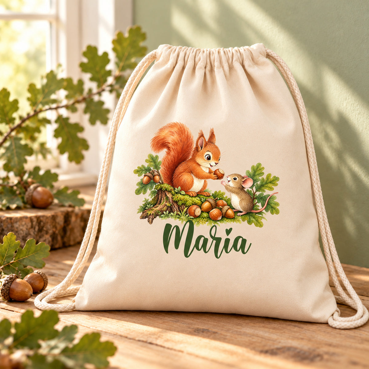 Naturfarbener Baumwollbeutel mit Eichhörnchen und Waldmaus und personalisierbarem Namen – Waldatelier