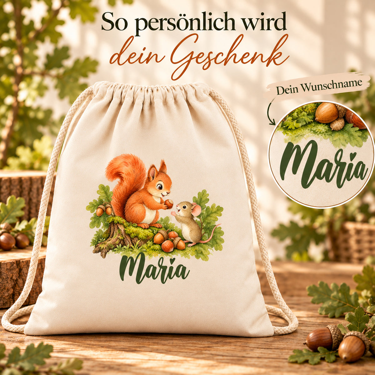 Naturfarbener Baumwollbeutel mit Eichhörnchen und Waldmaus und personalisierbarem Namen – Personalisierung
