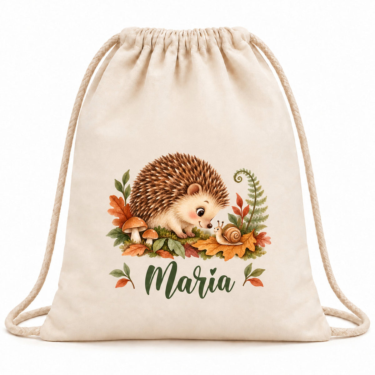 Personalisierter Turnbeutel mit Igel und Schnecke und Wunschname auf weißem Hintergrund