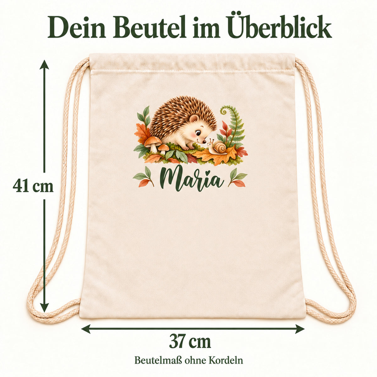 Turnbeutel mit Igel und Schnecke und Maßpfeilen für 37 cm Breite und 41 cm Höhe