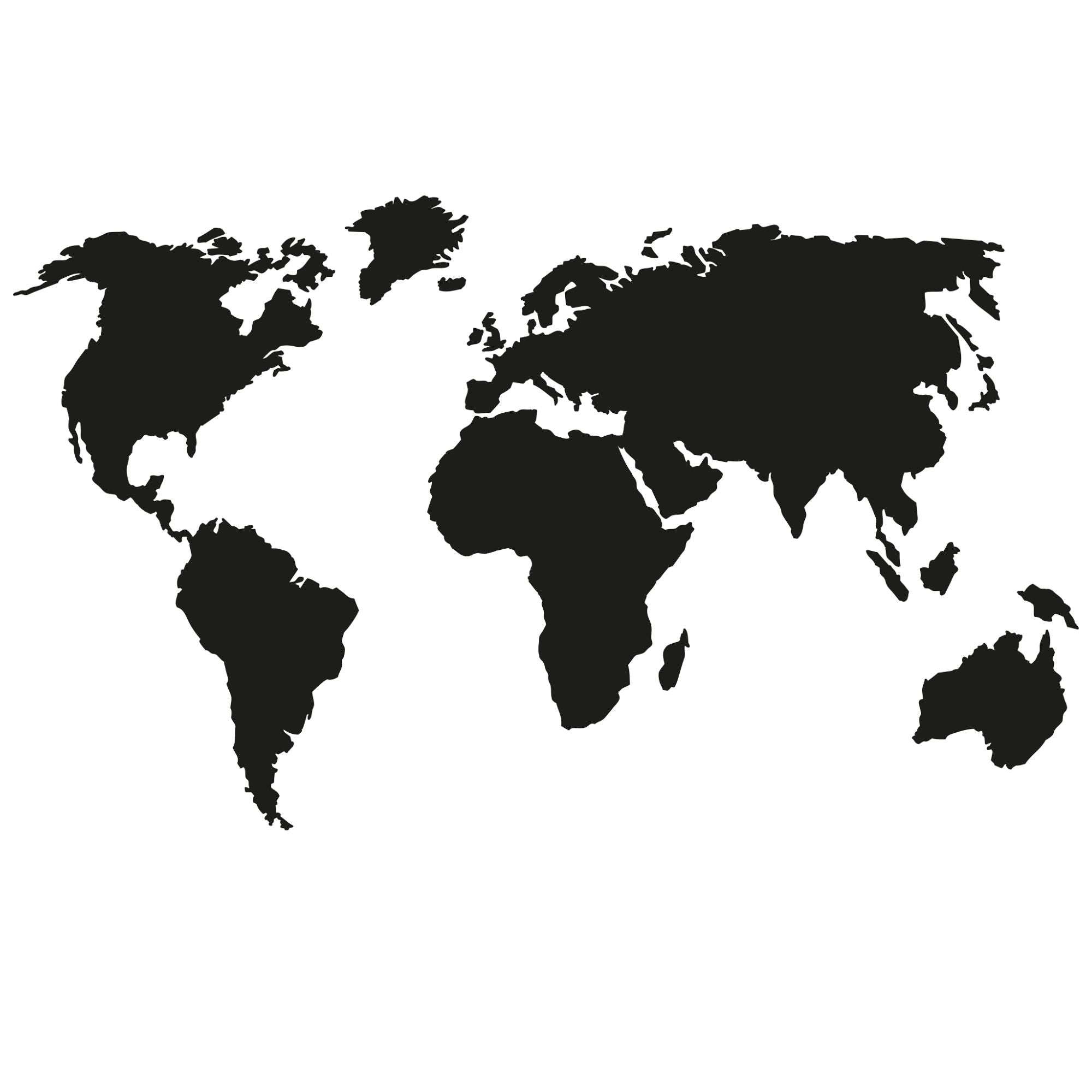 Schwarze Weltkarte ohne Beschriftungen auf weißem Hintergrund.