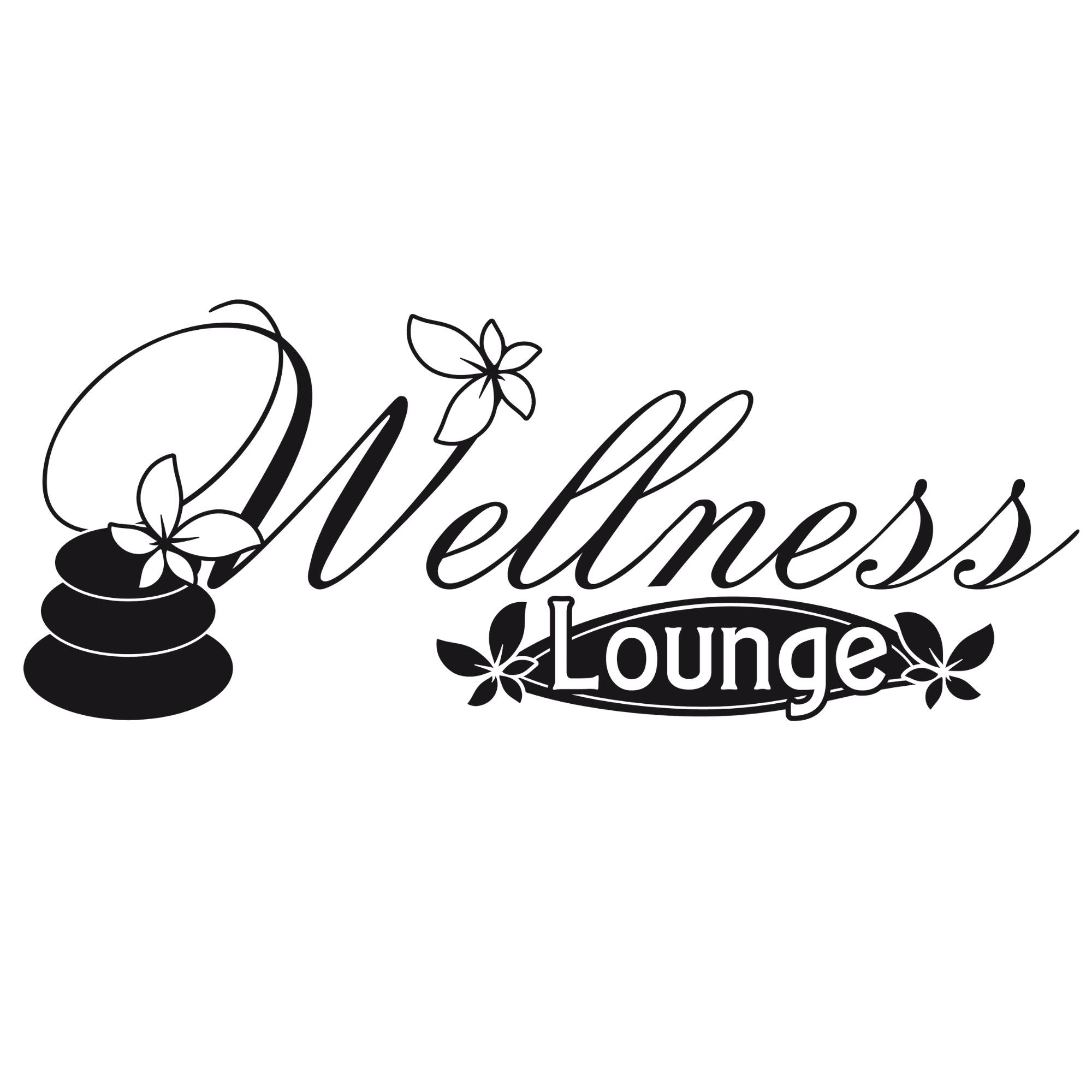 Wellness Lounge, schwarze Schrift, Steine und Blumen-Design.